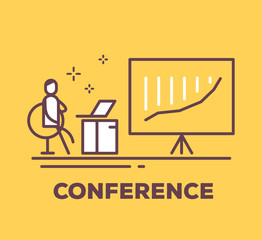 Naklejka premium Vector business illustration of a man sitting in a chair next to the large stand on a tripod with a growth graph on yellow background with title.