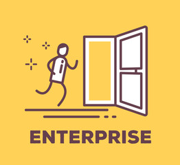Vector business illustration of a man running into the open door on yellow background with title.