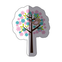 color sticker silhouette with floral tree and bird vector illustration