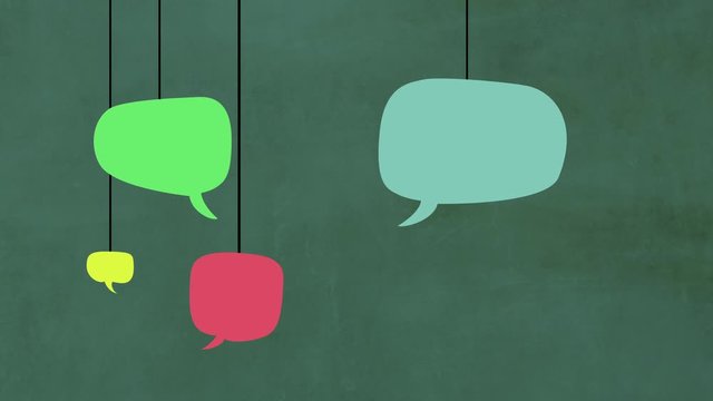 Speech bubbles falling down, hanging in lines. Animated flat design. Concept of messages, talking and chatting.