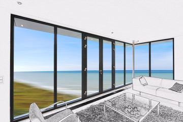 Drawing of a Modern living room with large windows