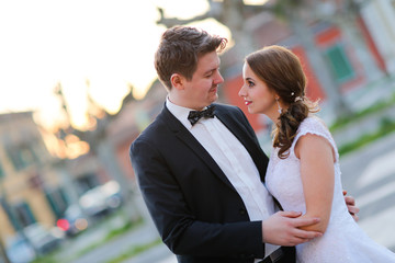 Groom and bride in the city