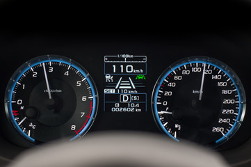 Speedometer in the new car. Speed limit at 110 km/h.