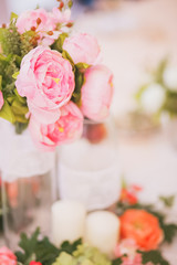 beautiful flowers pink peonies in clear vase close-up of copyspace
