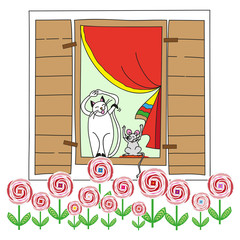 Hand drawn illustration funny cat with the mouse on the window.