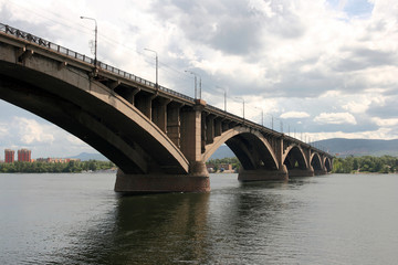 Fototapeta na wymiar Bridge over Siberian Yenisei river.