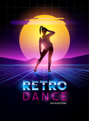 Retro 1980's dancing lady with glitch sunset background. Vector illustration