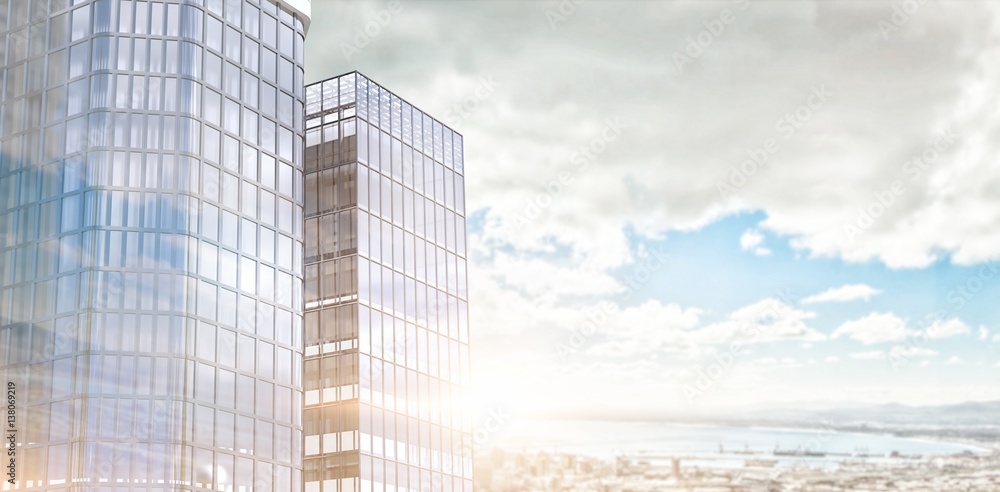 Poster composite image of low angle view of glass building