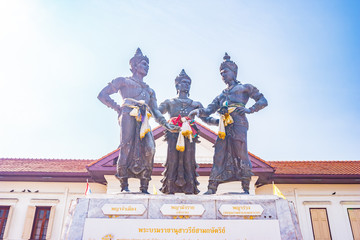 The sculpture of three kings monument in town which is a symbol of Chiang Mai province, Thailand.