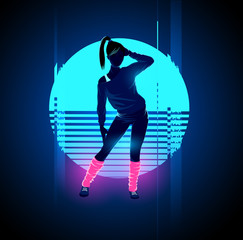 Retro 1980's glowing neon dancing lady with glitch sunset background. Vector illustration