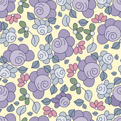 Colored hand drawn seamless pattern purple rose on yellow background.