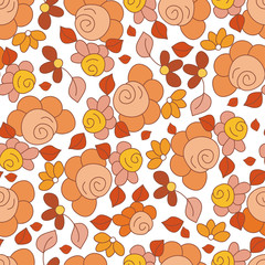 Colored hand drawn seamless pattern orange rose on white background.
