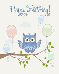 little cute owl with open wings on a branch with balloons. Happy Birthday celebration greeting. vector illustration