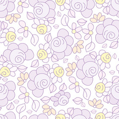 Colored hand drawn seamless pattern violet rose on white background.