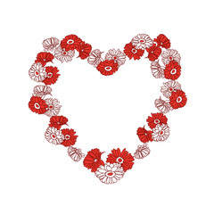 Red and white hand drawn flowers in the shape a heart on white background.