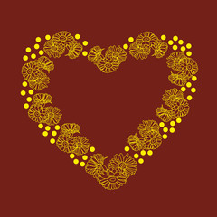 Yellow outline hand drawn flowers in the shape a heart on maroon background.