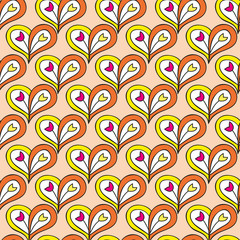 Colored hand drawn seamless pattern heart on orange background.