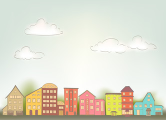 cartoon houses in retro style, sky with clouds. vector illustration