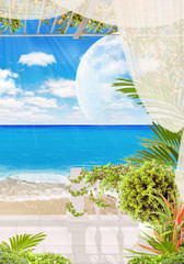 Old stone arch with flowers and columns. Digital fresco with ocean view and palms