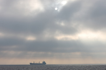 The ship anchored in the waters of the Gulf of Riga of the Baltic Sea in anticipation of a pilot