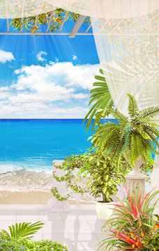 Old stone arch with flowers and columns. Digital fresco with ocean view and palms