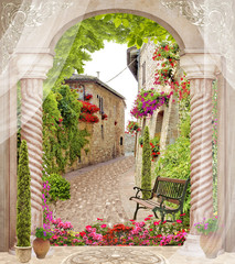 sea with balcony and flowers, summer view. digital fresco with columns and architecture