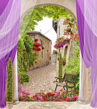 Old balcony with columns and violet blinds, summer street view. digital fresco with columns and architecture