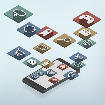 Isometric smartphone with Web Icons emerging and floating around, Modern Flat design Style