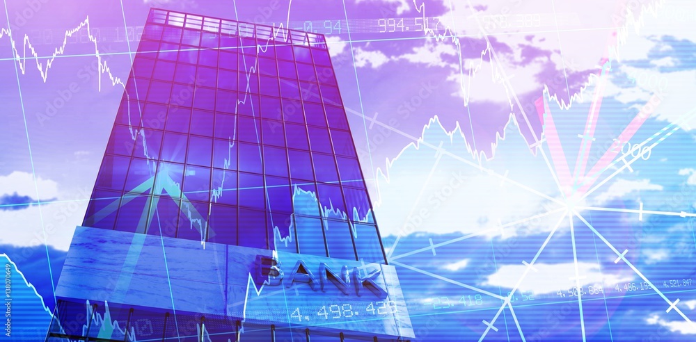 Poster composite image of low angle view of bank building
