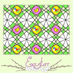 Hand drawn Easter illustration with colored eggs and chickens.