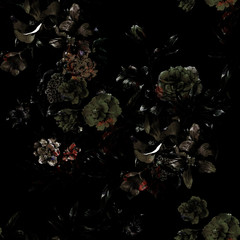 Aquarellmalerei von Blättern und Blumen, nahtloses Muster auf dunklem Hintergrund © photoiget