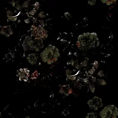 Aquarellmalerei von Blättern und Blumen, nahtloses Muster auf dunklem Hintergrund © photoiget