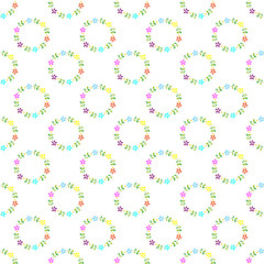 Colored hand drawn seamless pattern wreaths of flowers on white background.