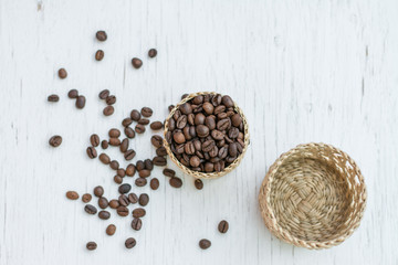 Coffee on grunge wooden background,Background of the roasted coffee and copy space