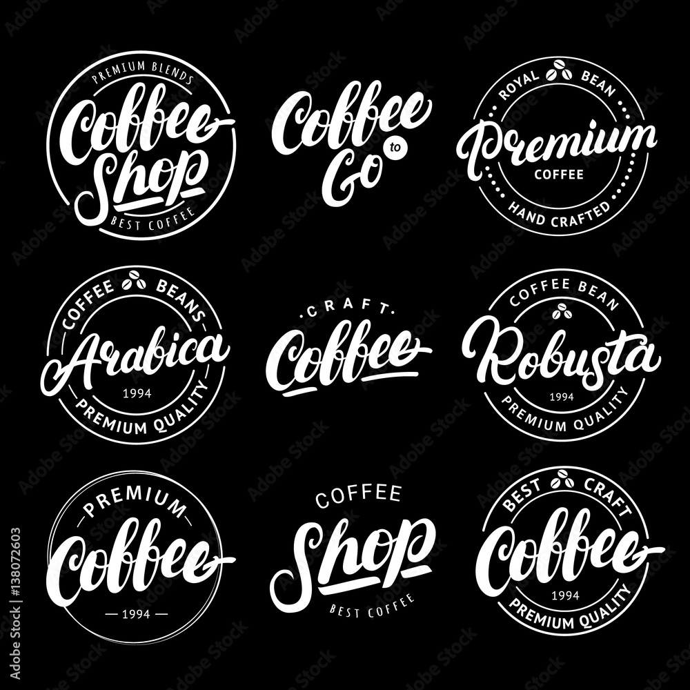 Wall mural Set of Coffee hand written lettering logo, label, badge, emblem.