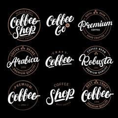 Set of Coffee hand written lettering logo, label, badge, emblem.