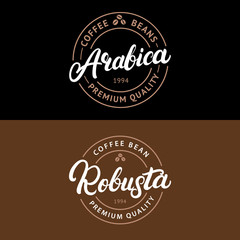 Set of Arabica and Robusta coffee hand written lettering logo, label, badge, emblem.