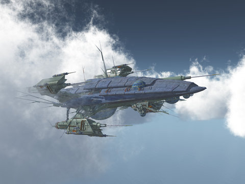 Riesiges Raumschiff zwischen den Wolken