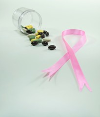 World cancer day with ribbon and supplement