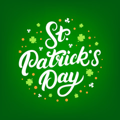 St. Patrick's Day hand written lettering on green background.