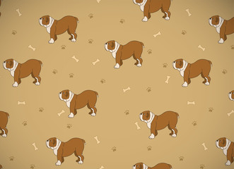 Awesome seamless pattern with cute dogs. Breed bulldog.