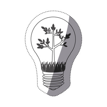 grayscale contour sticker with bulb light and tree growing vector illustration