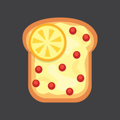 Set toasts and sandwich breakfast. Bread toast with jam, egg, cheese, blueberry, peanut butter, salami, fish. Flat vector illustration.