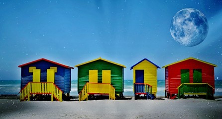 Landscape with colorful changing huts on a beach in Muizenberg