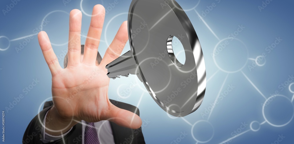 Poster composite image of close-up of businessman with stop gesture 3d