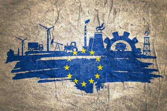 Energy and Power icons set and grunge brush stroke. Energy generation and heavy industry relative image. Agriculture and transportation. Concrete textured. Flag of the Europe