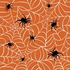 Spiders on Webs Seamless Pattern-Orange Background