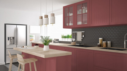 Scandinavian classic kitchen with wooden and red details, minimalistic interior design