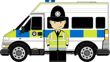 Cartoon British Policeman and Police Van - 138074808