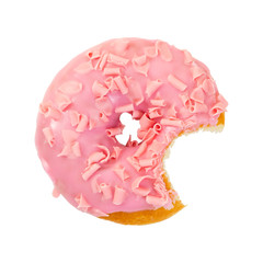 Bitten strawberry donut with pink chocolate chips